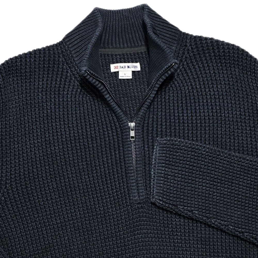 32 Bar Blues Men L Cable Knit 1/4 Zip Sweater Sunwashed Black Mockneck